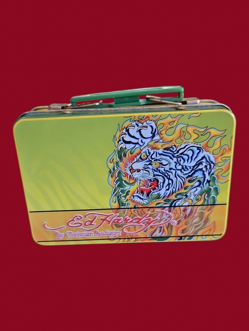ED HARDY by Christian Audigier Tiger Flames Tattoo Collectible Tin Mini Luchbox